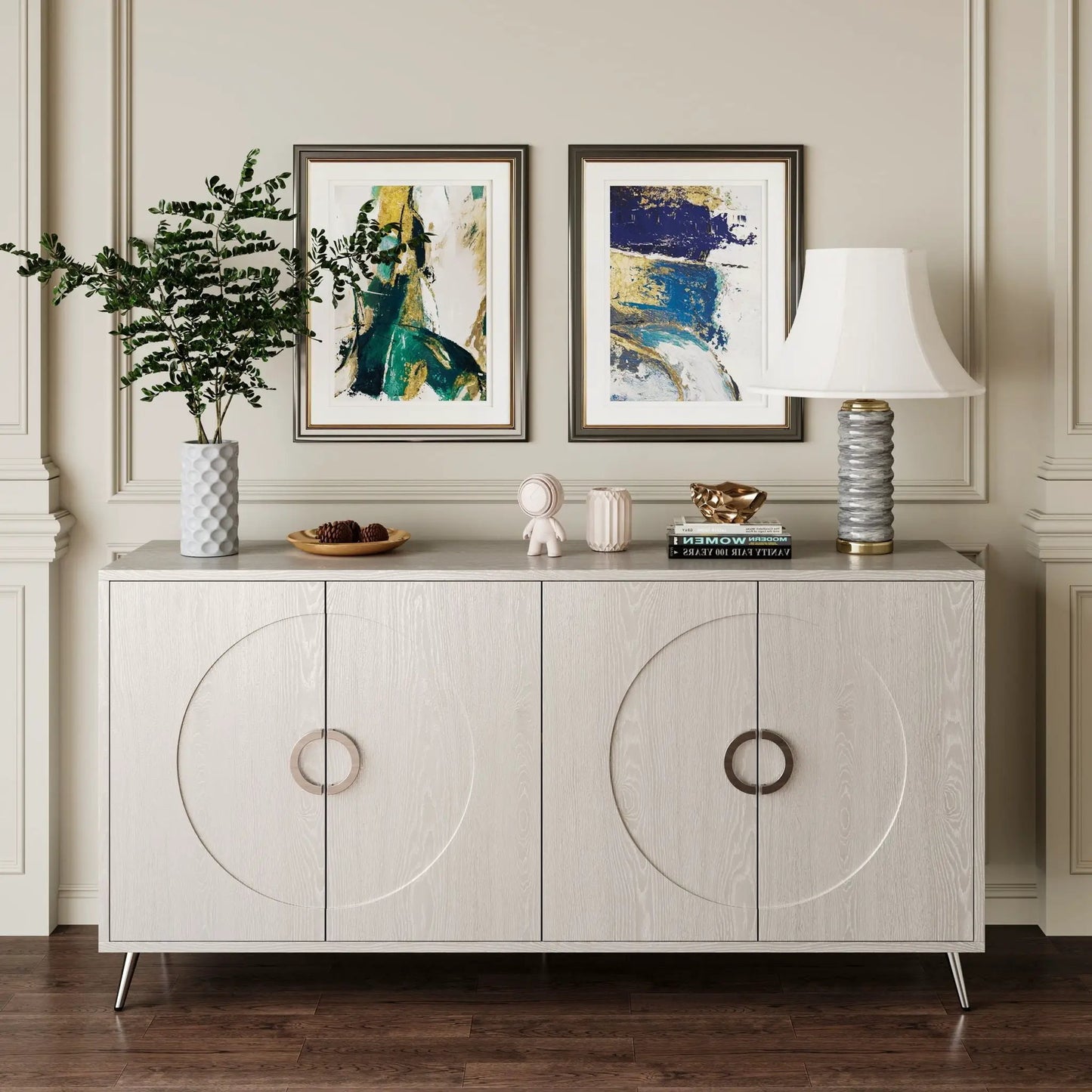 Modern lacquered 4-door wooden sideboard with round metal handles, beige finish on Tampa Home & Garden Store