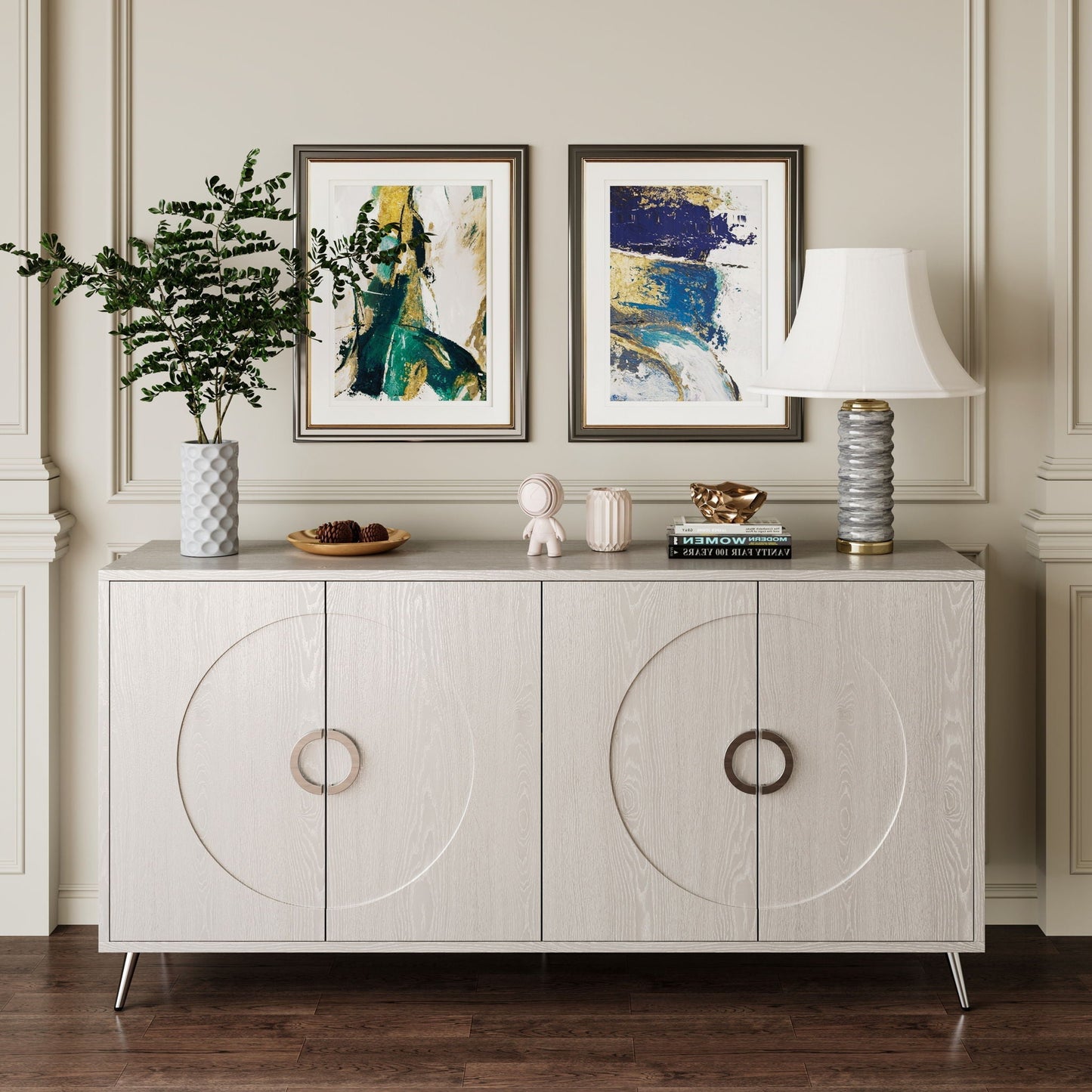 Modern lacquered 4-door wooden sideboard with circular ring handles in light wood finish on Tampa Home & Garden Store
