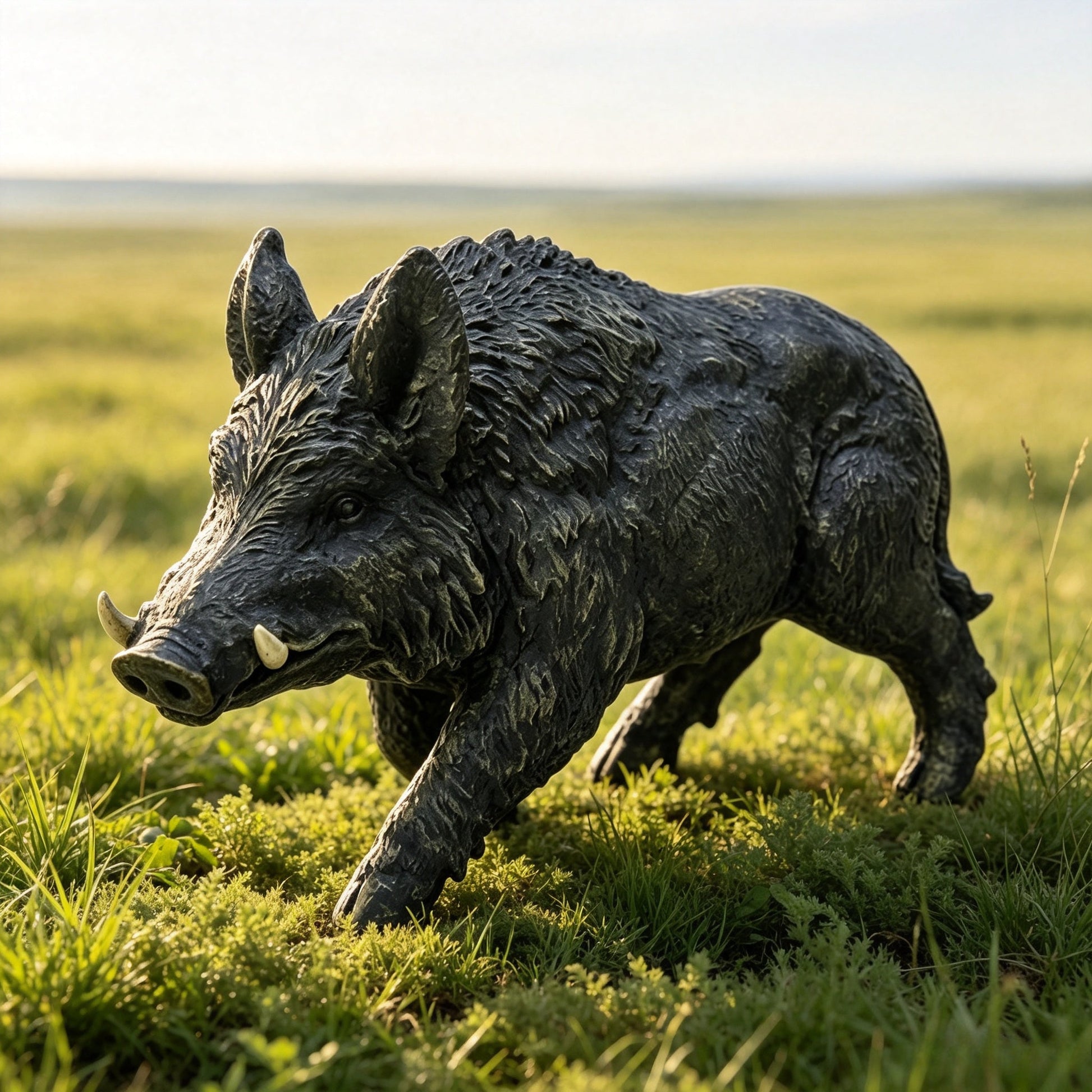 Simulated Wild Boar Resin Garden Statue by HouseOfZazla, dark textured boar sculpture in field on Tampa Home & Garden Store