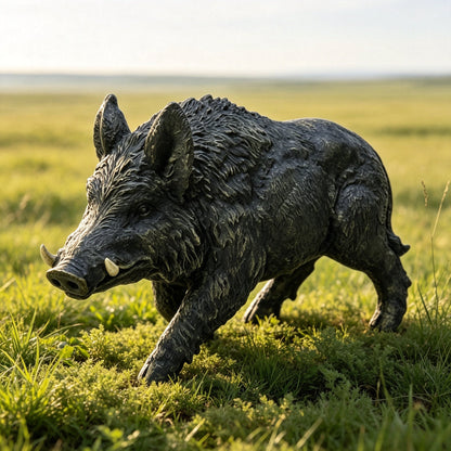 Simulated Wild Boar Resin Garden Statue by HouseOfZazla, dark textured boar sculpture in field on Tampa Home & Garden Store