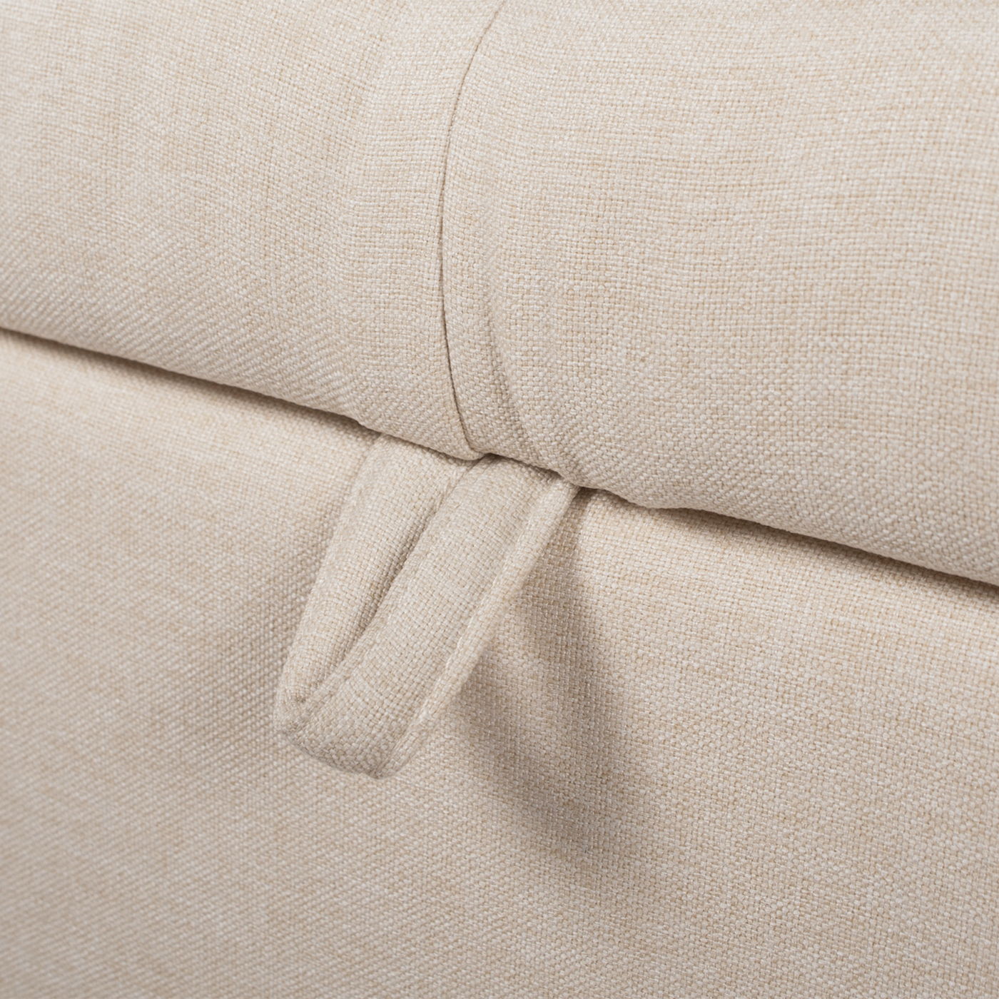 Jacqueline Tufted Roll Arm Storage Bench beige linen close-up showing seam and fabric loop on Tampa Home & Garden Store