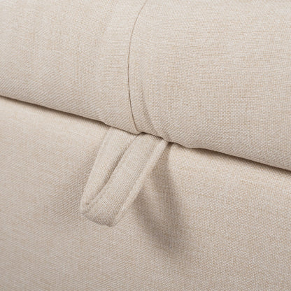 Jacqueline Tufted Roll Arm Storage Bench beige linen close-up showing seam and fabric loop on Tampa Home & Garden Store
