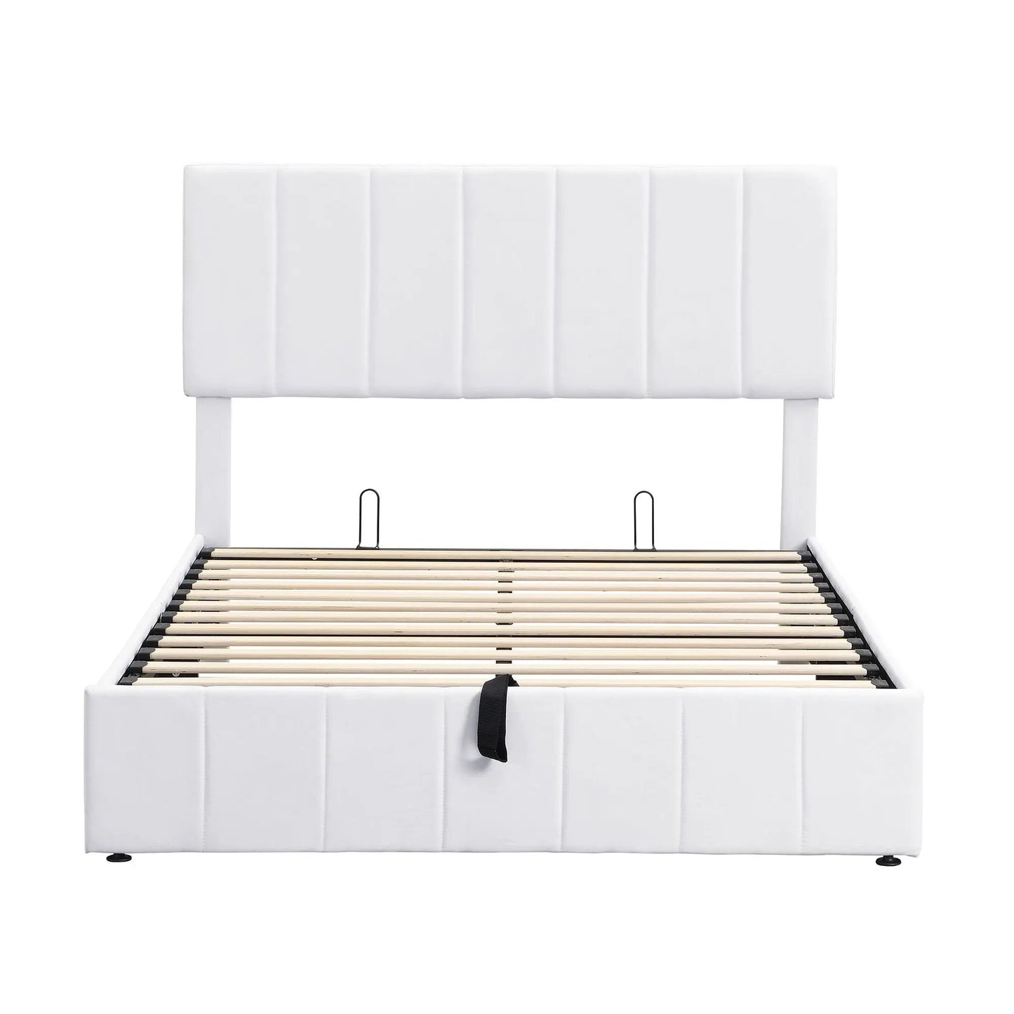 Elegant upholstered platform bed with hydraulic storage in white fabric headboard and base on Tampa Home & Garden Store