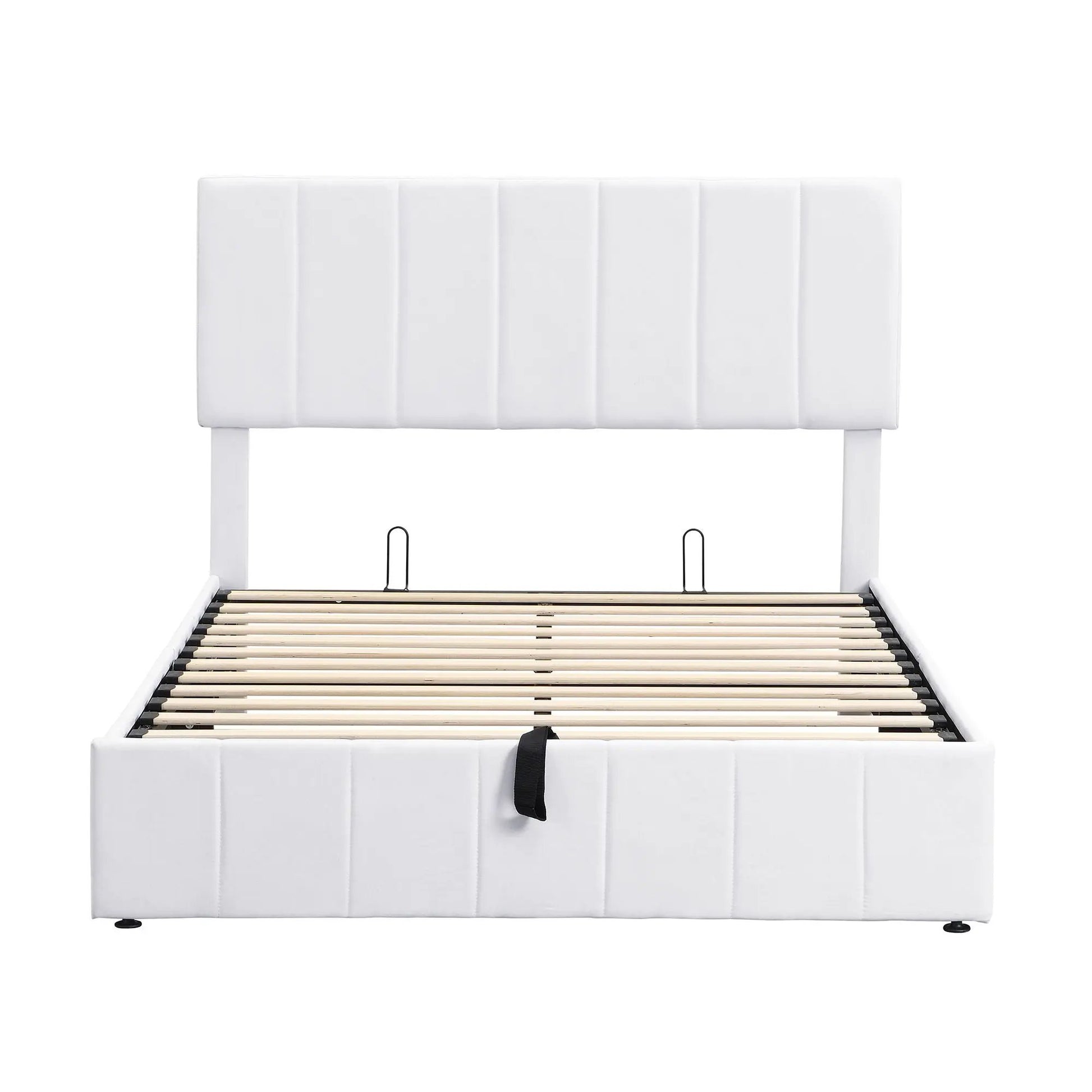 Elegant upholstered platform bed with hydraulic storage in white fabric headboard and base on Tampa Home & Garden Store