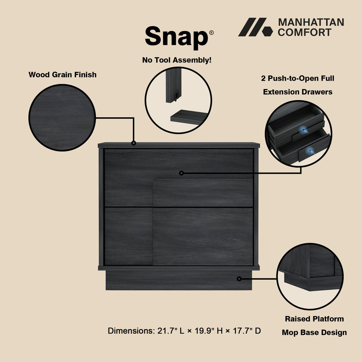 Modern nightstand with push-to-open drawers in dark gray wood finish by HouseOfZazla on Tampa Home & Garden Store