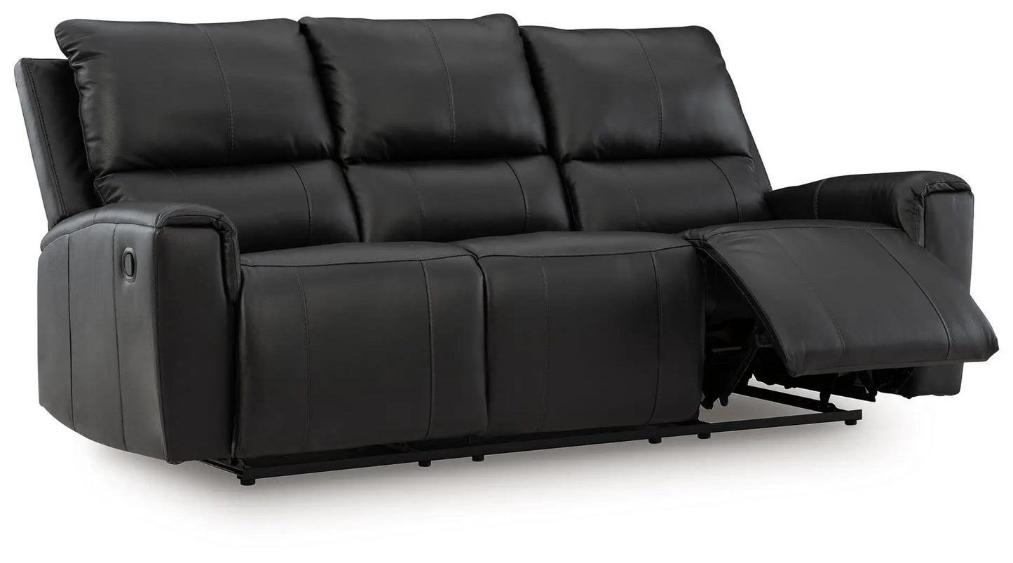 Glossmore reclining sofa in black leather by Unique Piece Furniture with extended footrest on Tampa Home & Garden Store