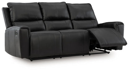 Glossmore reclining sofa in black leather by Unique Piece Furniture with extended footrest on Tampa Home & Garden Store
