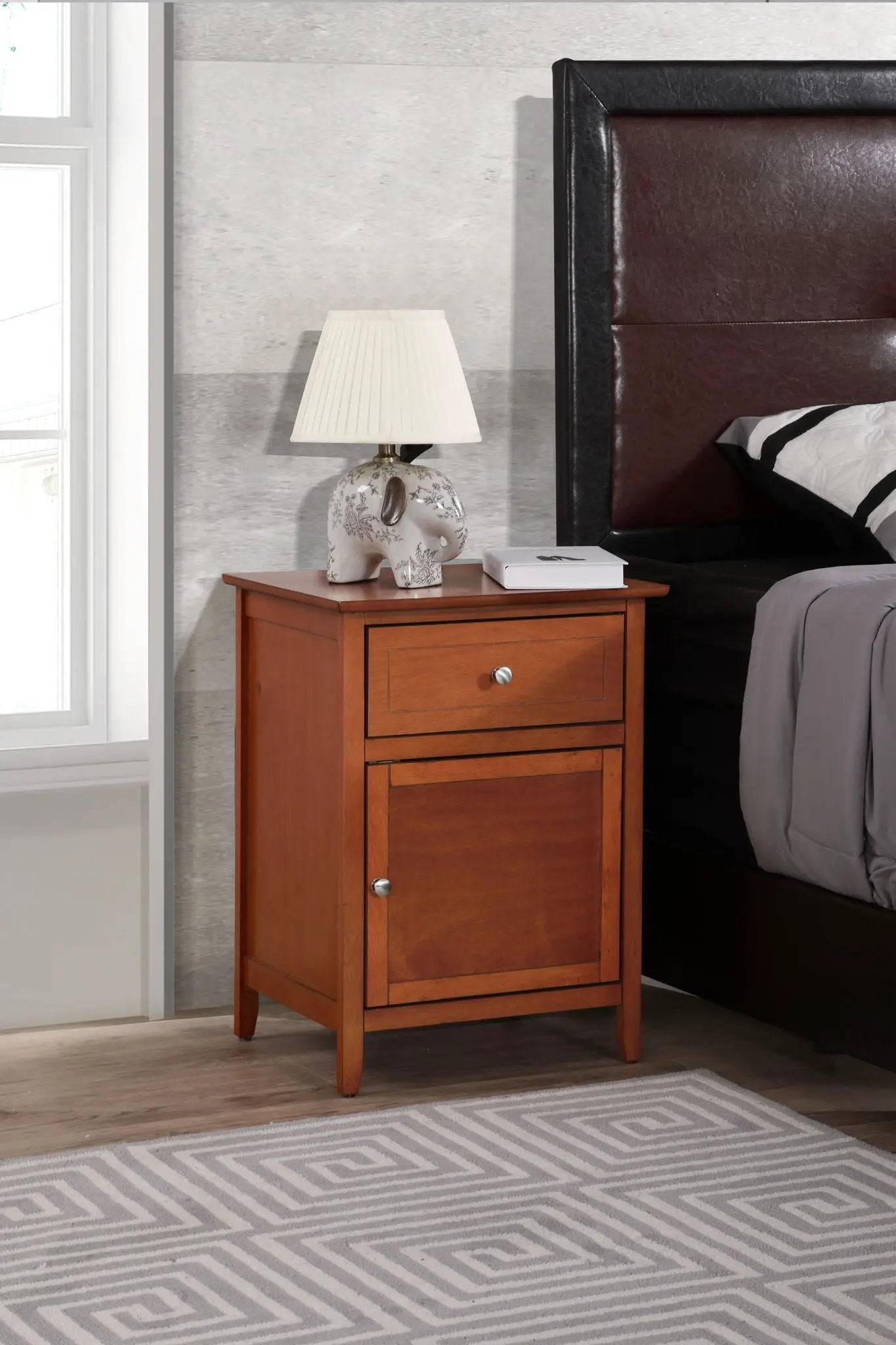 1 Drawer 1 Door Nightstand in warm cherry wood with metal knob; elephant lamp on Tampa Home & Garden Store