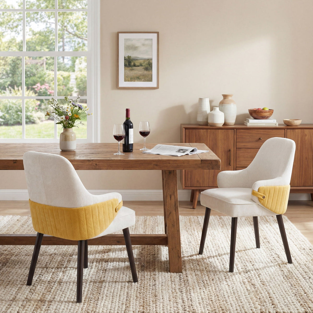 Indoor dining chairs set of 2 with beige upholstery and yellow accent, sturdy dark legs on Tampa Home & Garden Store