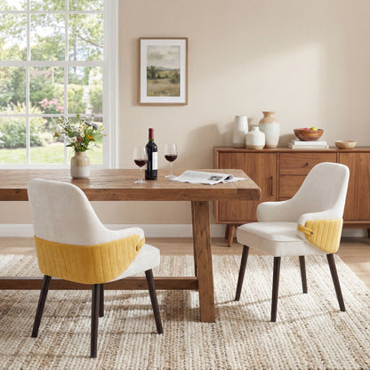 Indoor dining chairs set of 2 with beige upholstery and yellow accent, sturdy dark legs on Tampa Home & Garden Store