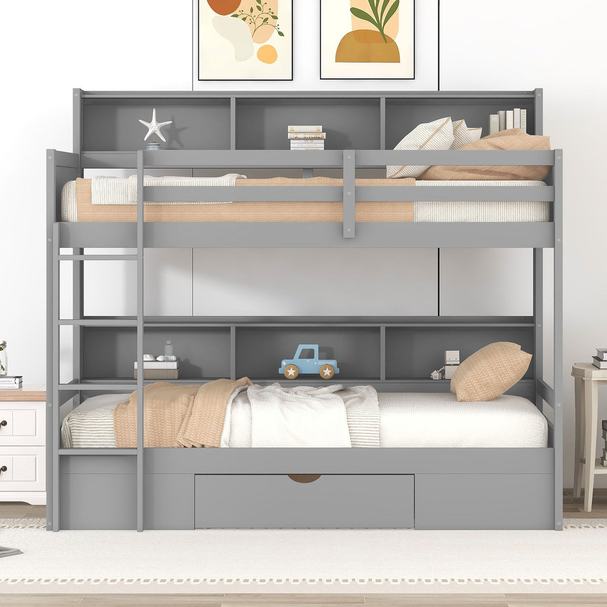 Twin size bunk bed by HouseOfZazla in gray with built-in shelves and a storage drawer on Tampa Home & Garden Store