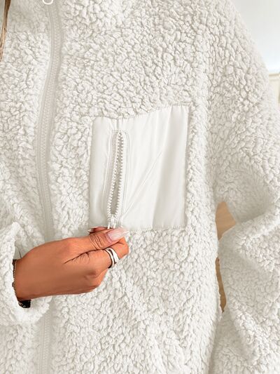 Winter Warm Zip Up Fleece Jacket Stevvex cream fuzzy coat with chest pocket on Tampa Home & Garden Store