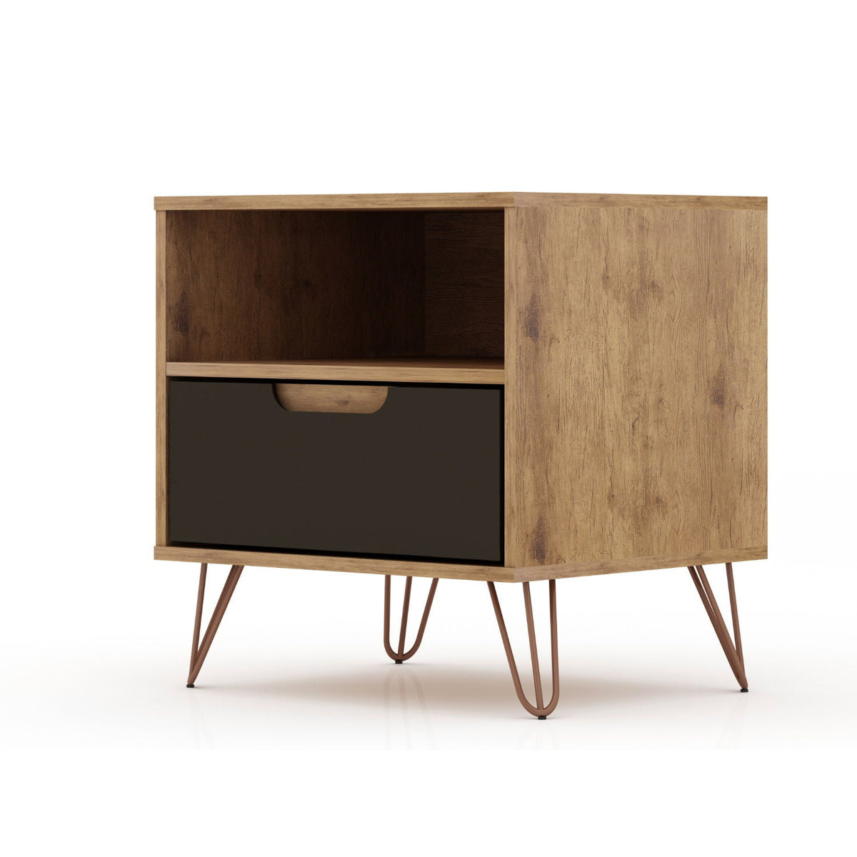 Rockefeller Nightstand HouseOfZazla, oak with black drawer front, 1 drawer, splayed legs on Tampa Home & Garden Store
