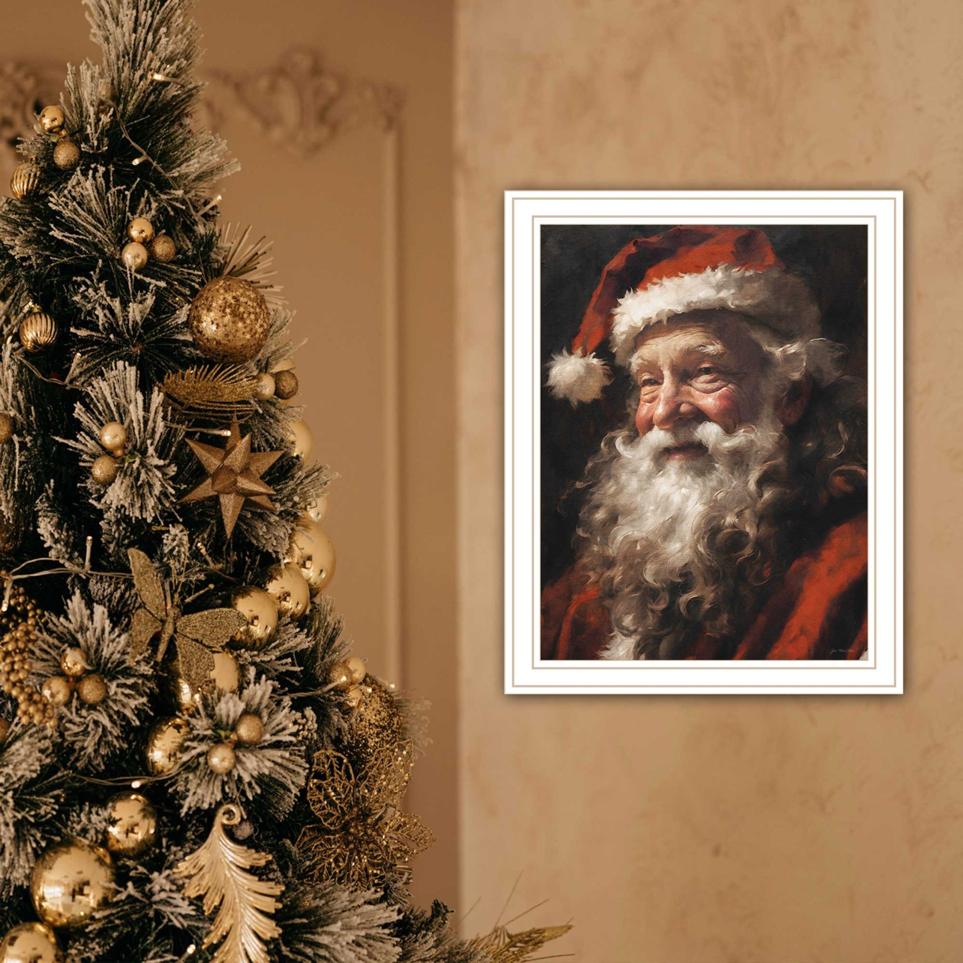 Papa Noel white framed wall art by HouseOfZazla Santa portrait beside a Christmas tree on Tampa Home & Garden Store