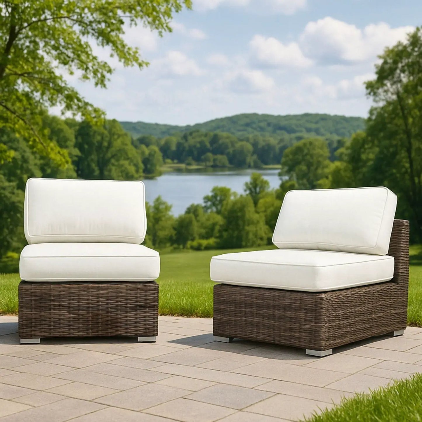 Armless patio chair set with white cushions and brown wicker bases, 2-piece on Tampa Home & Garden Store