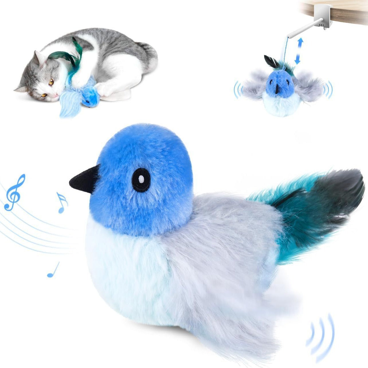 Interactive cat plush blue gray bird toys with flap wings and USB rechargeable on Tampa Home & Garden Store