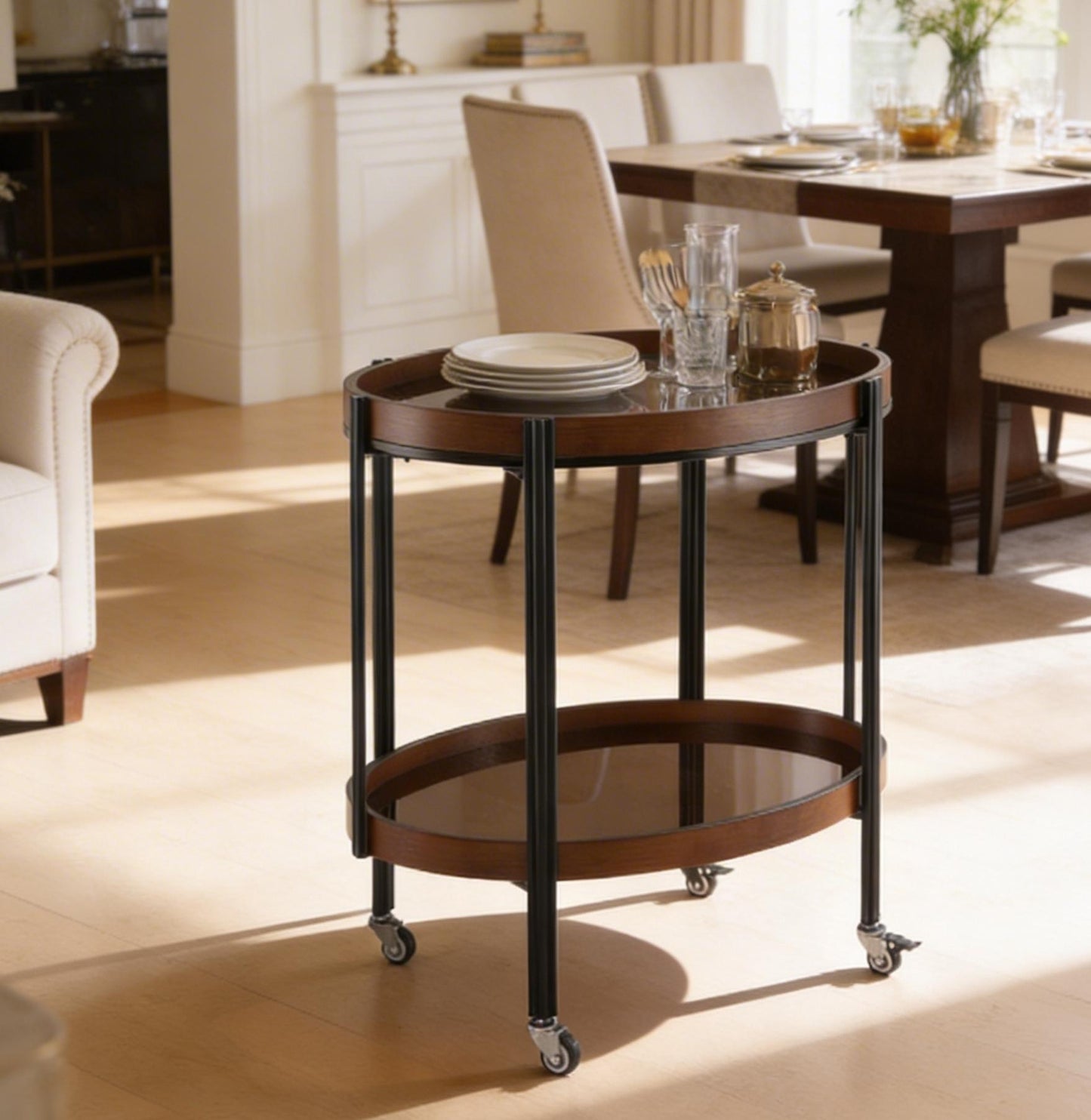 Dark Oval Kitchen Cart With Wood And Glass