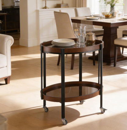 Dark Oval Kitchen Cart With Wood And Glass
