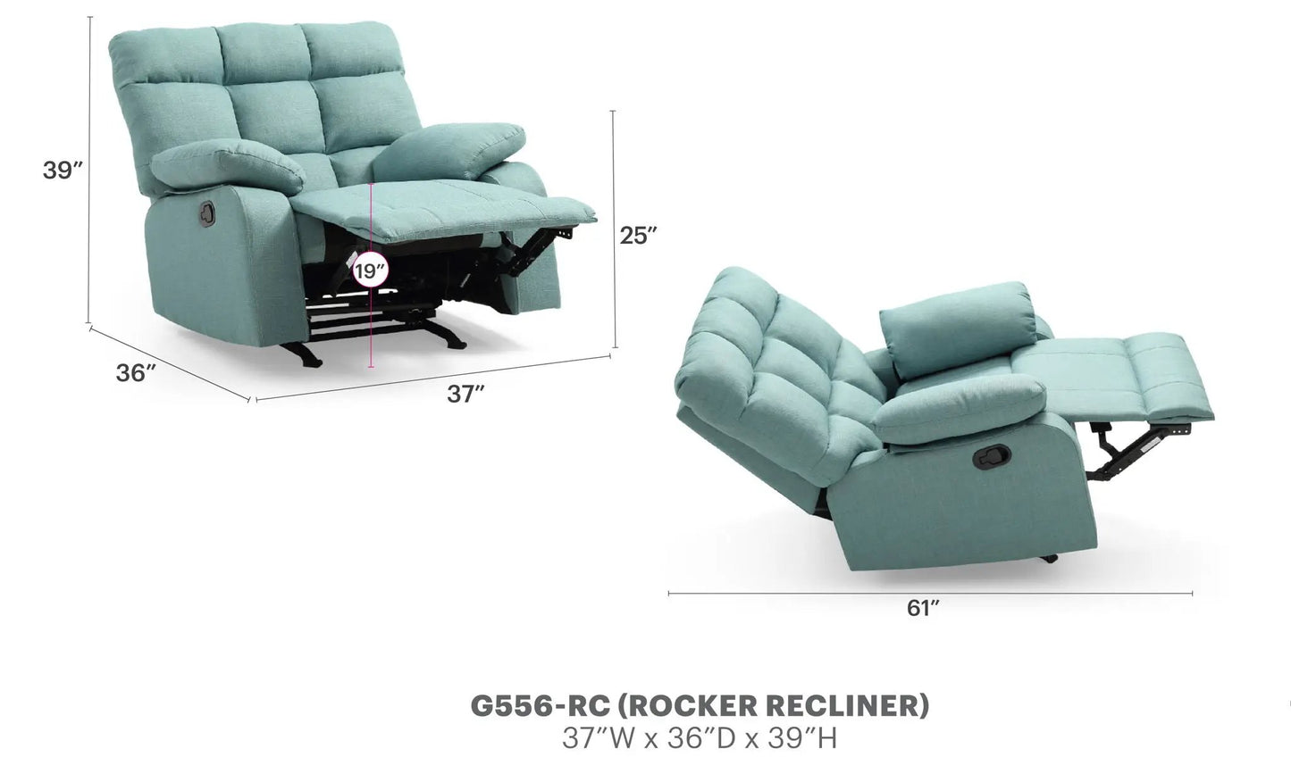 Cindy Rocker Recliner teal fabric by Unique Piece Furniture cushioned arms upright/reclined on Tampa Home & Garden Store