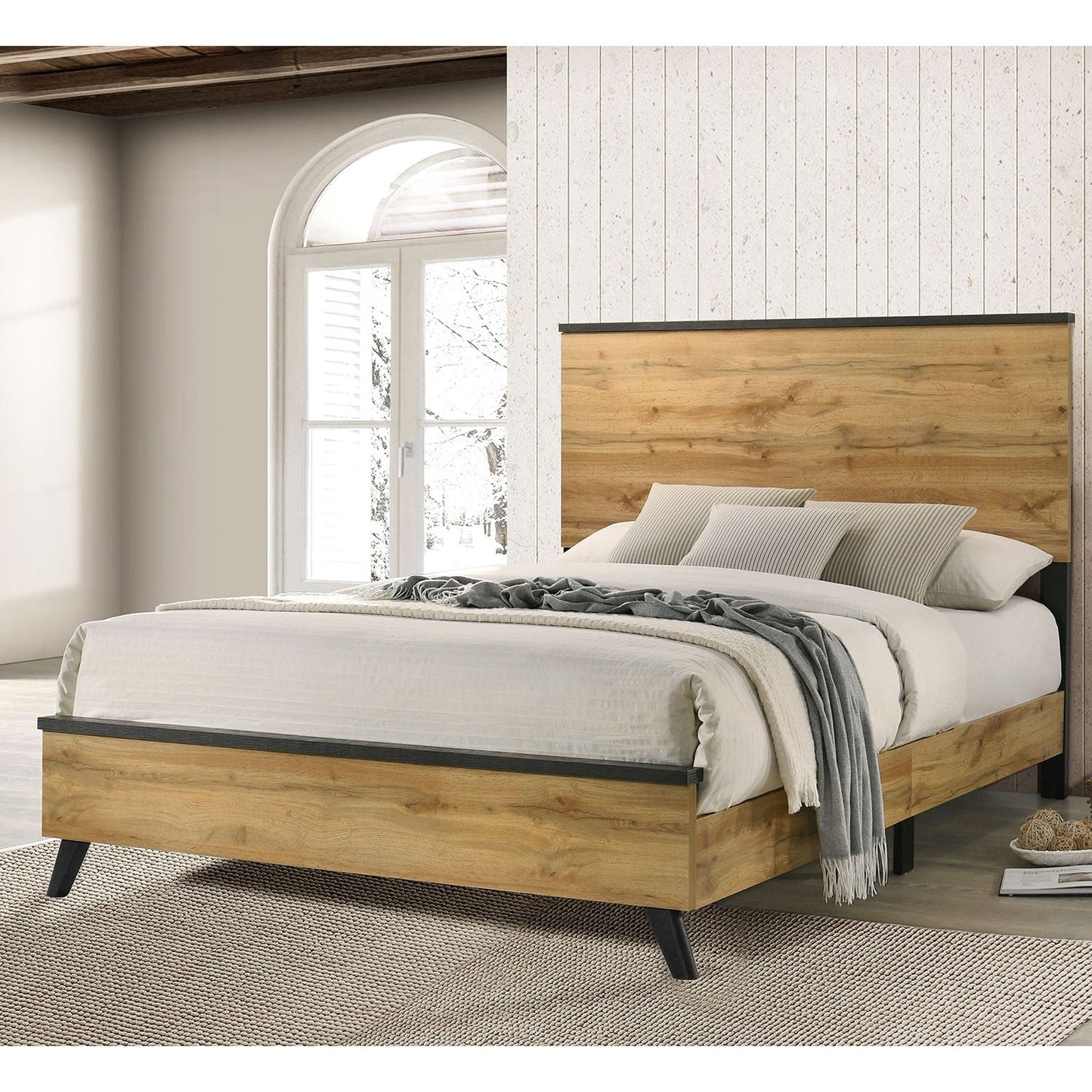 Fraser Queen Panel Bed Natural HouseOfZazla; wood panel headboard, black trim, tapered legs on Tampa Home & Garden Store