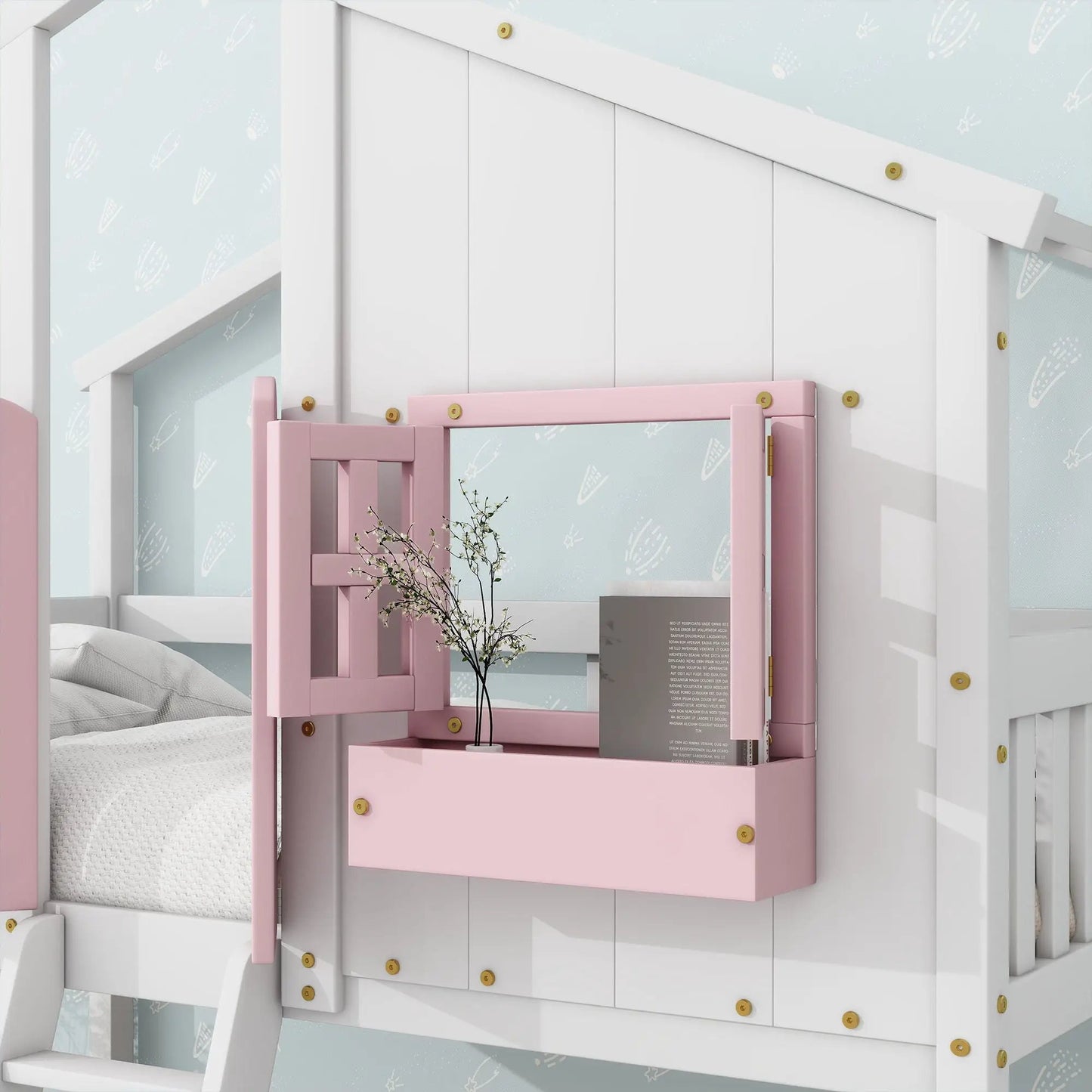 House bunk bed with roof and window box, white frame with pink guard rails and ladder on Tampa Home & Garden Store
