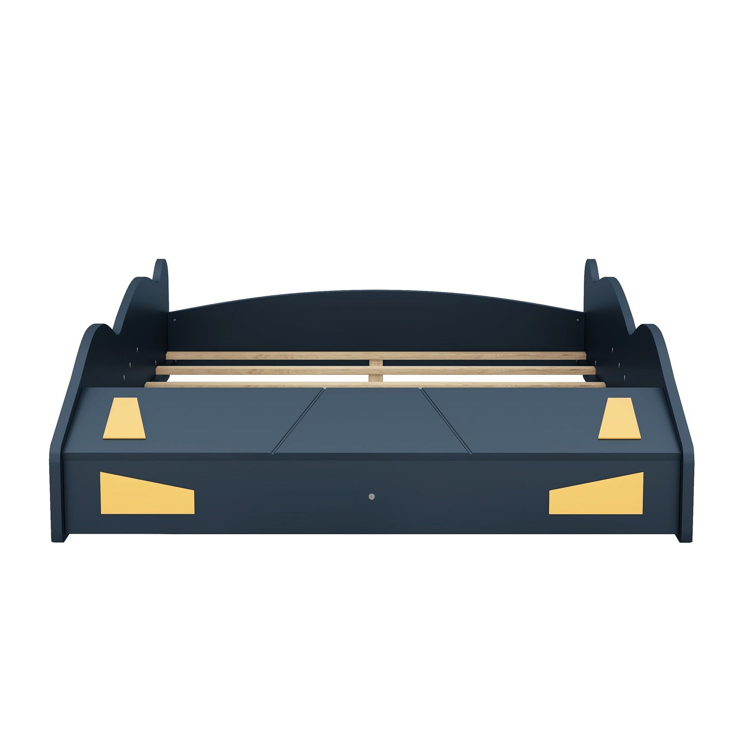 Race car shaped platform bed in dark blue with wheel rails and wooden slats on Tampa Home & Garden Store