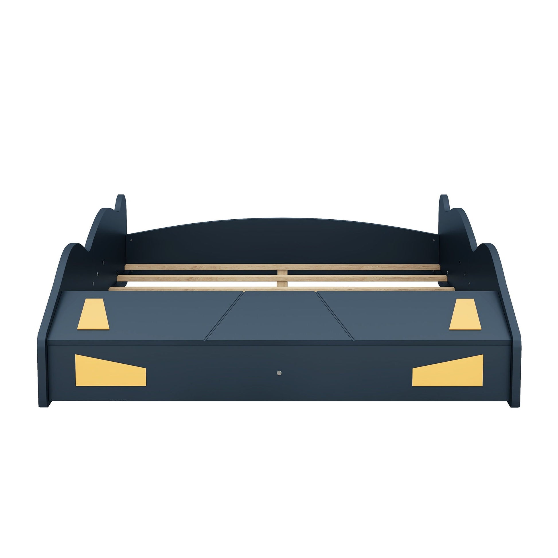 Race car shaped platform bed in dark blue with wheel rails and wooden slats on Tampa Home & Garden Store
