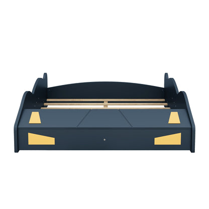 Race car shaped platform bed in dark blue with wheel rails and wooden slats on Tampa Home & Garden Store