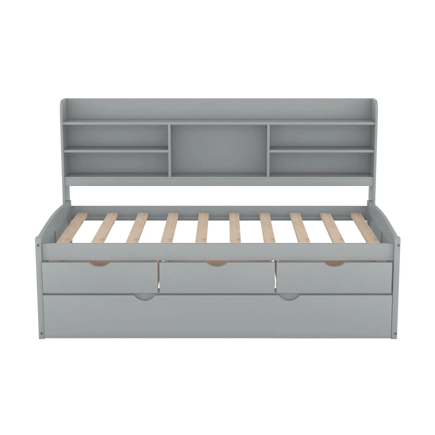 Captain Bed with built-in bookshelves and trundle, gray wood finish and shelving on Tampa Home & Garden Store