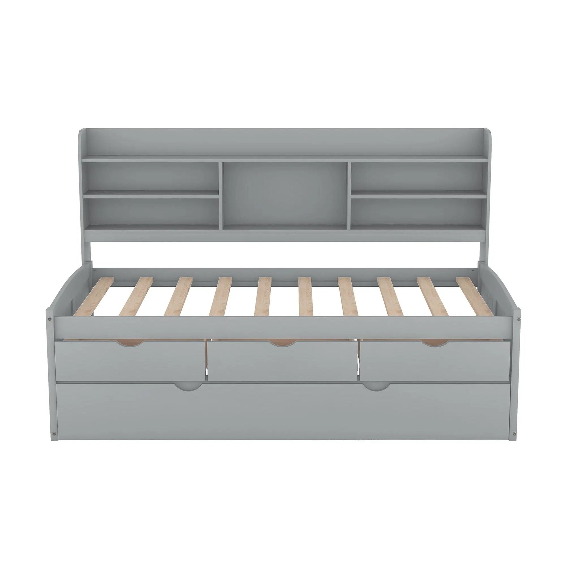 Captain Bed with built-in bookshelves and trundle, gray wood finish and shelving on Tampa Home & Garden Store
