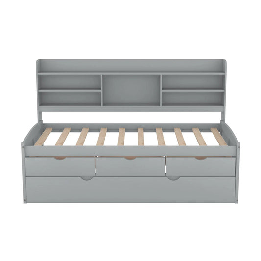 Captain Bed with built-in bookshelves and trundle, gray wood finish and shelving on Tampa Home & Garden Store