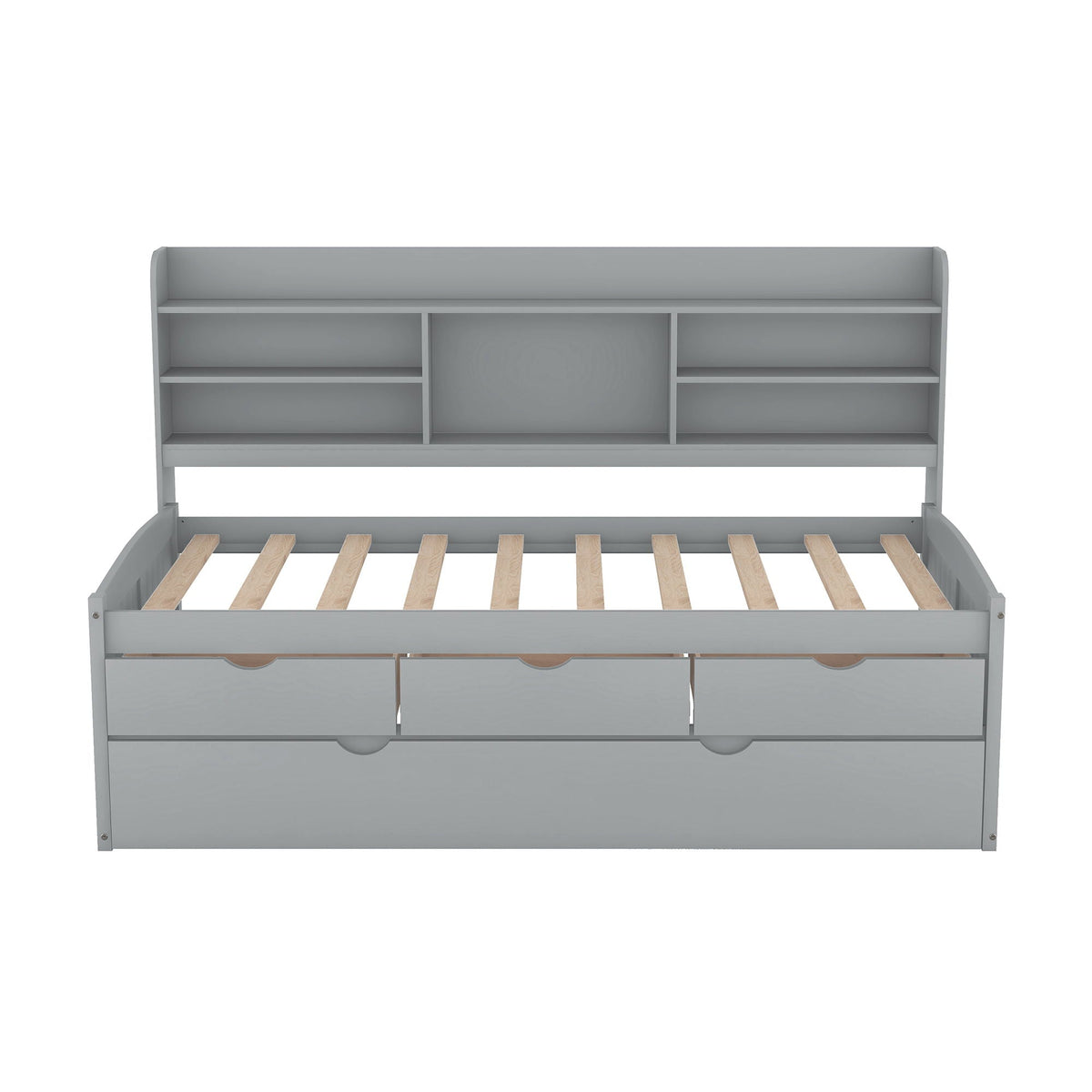 Captain bed with built-in bookshelf headboard, gray finish, three drawers, wooden slat frame on Tampa Home & Garden Store