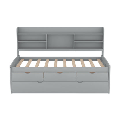 Captain bed with built-in bookshelf headboard, gray finish, three drawers, wooden slat frame on Tampa Home & Garden Store