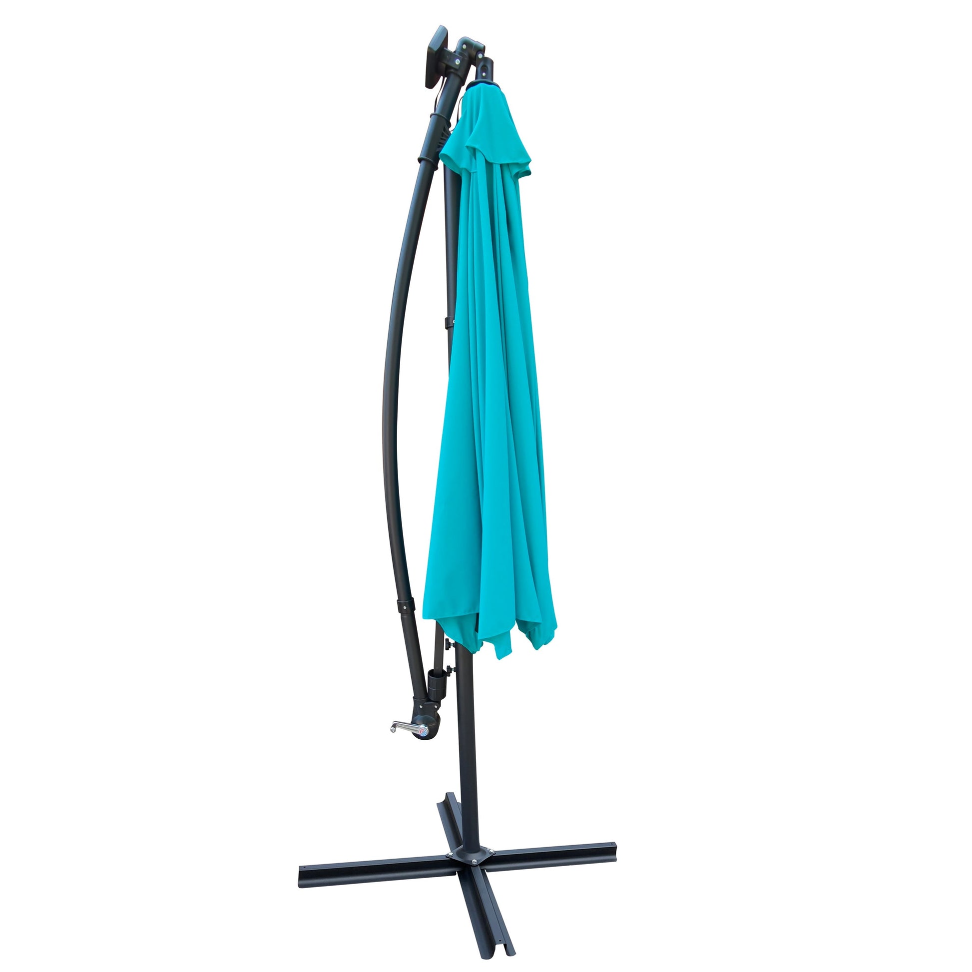 10 ft outdoor patio umbrella teal fabric, folded canopy with crank and base stand on Tampa Home & Garden Store