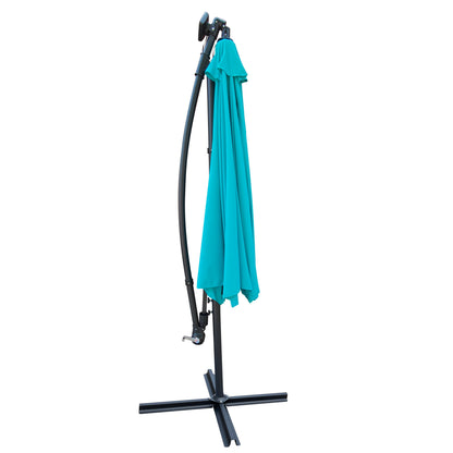10 ft outdoor patio umbrella teal fabric, folded canopy with crank and base stand on Tampa Home & Garden Store