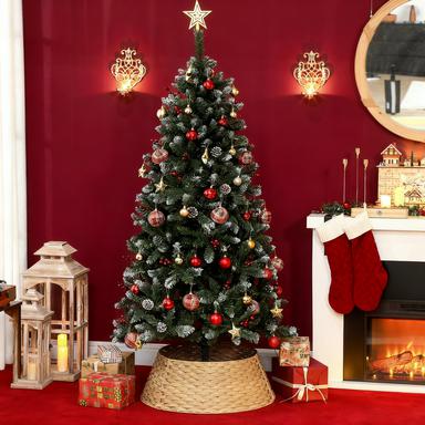 Rustic Christmas Tree Skirt plastic woven tree collar in beige tones around the tree base on Tampa Home & Garden Store