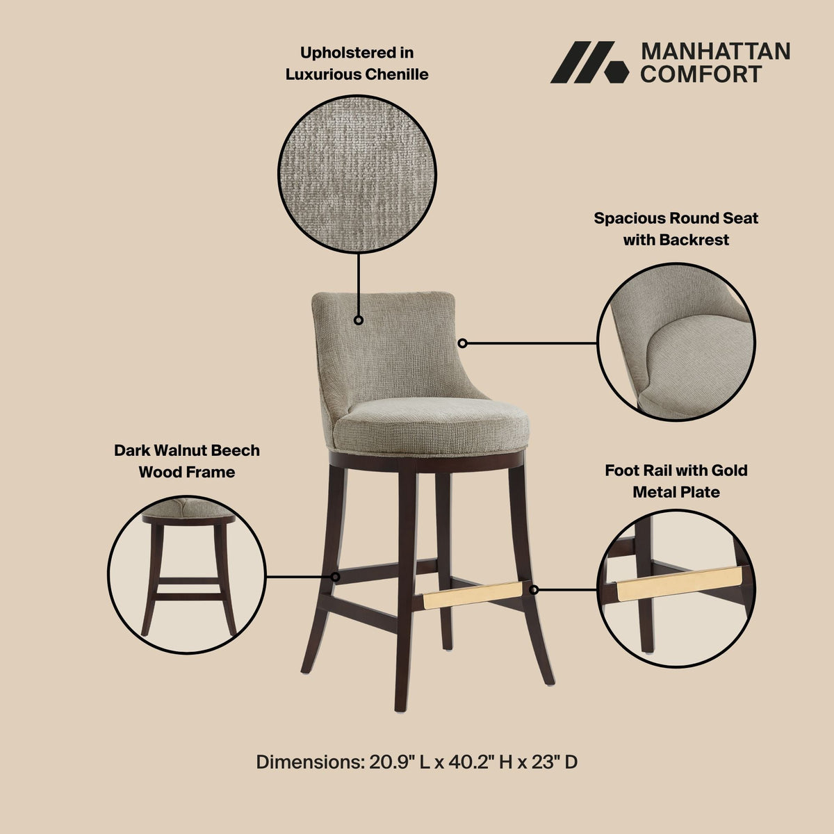 Bar Height Barstool with Backrest beige seat, dark walnut wood frame by HouseOfZazla on Tampa Home & Garden Store