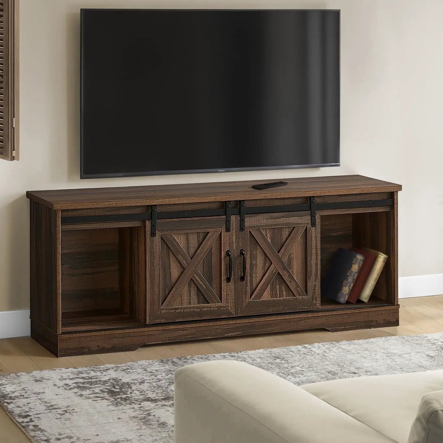 Farmhouse TV Stand Sliding Barn Doors Storage