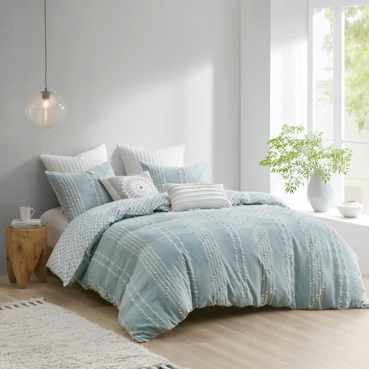 Full/Queen cotton jacquard duvet cover set in aqua ivory with reversible design by HouseOfZazla on Tampa Home & Garden Store
