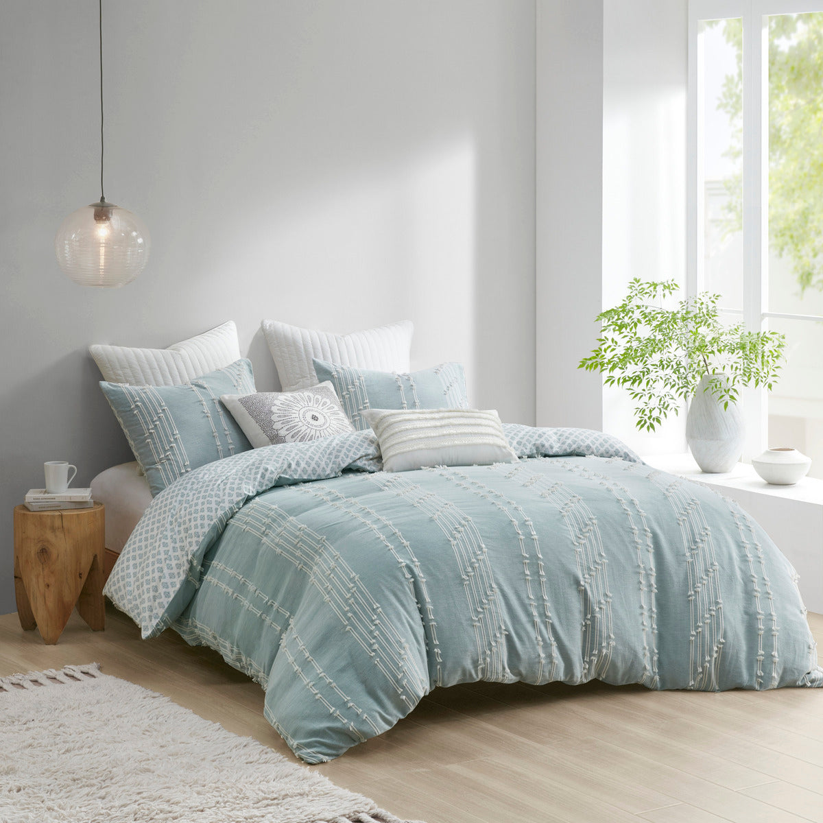 King/Cal King cotton jacquard duvet cover set Aqua/Ivory, reversible design on Tampa Home & Garden Store