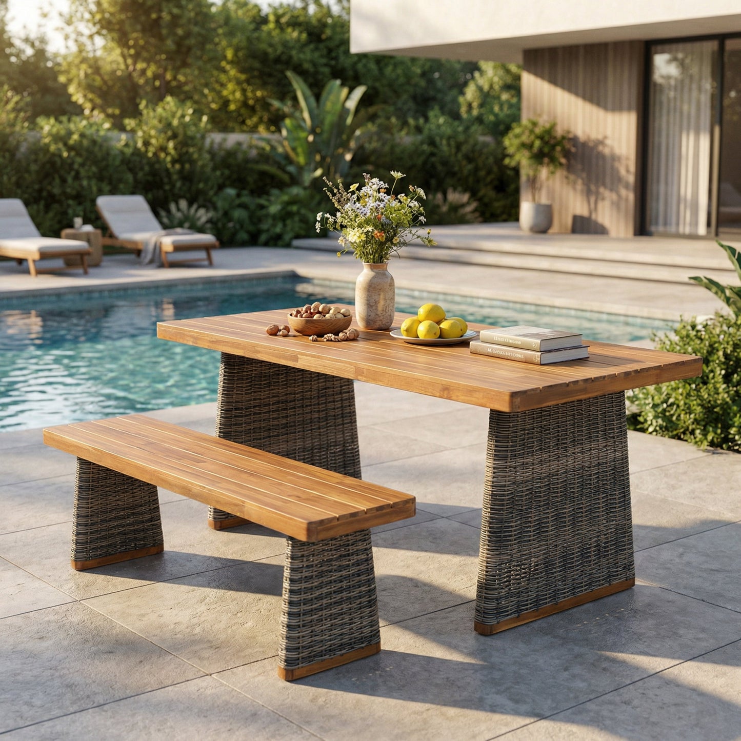 Outdoor Acacia Wood Dining Table and Bench Set