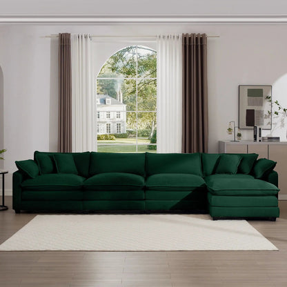 Modern oversized modular cushion sofa with ottoman in emerald green fabric, deep seating on Tampa Home & Garden Store