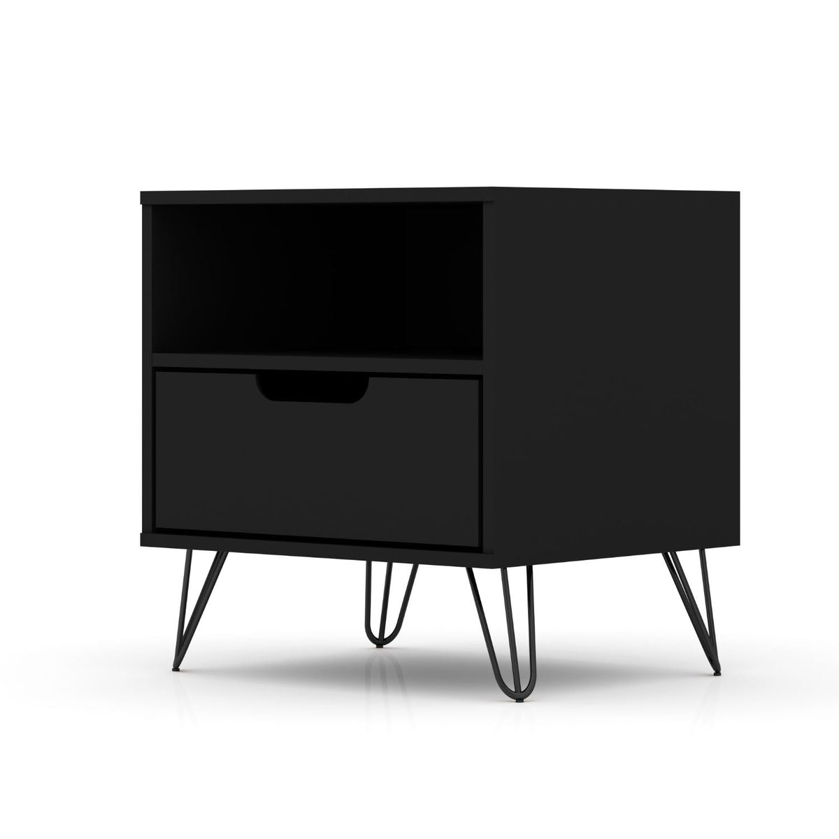 Rockefeller Nightstand black finish with 1 drawer open shelf splayed metal legs HouseOfZazla on Tampa Home & Garden Store