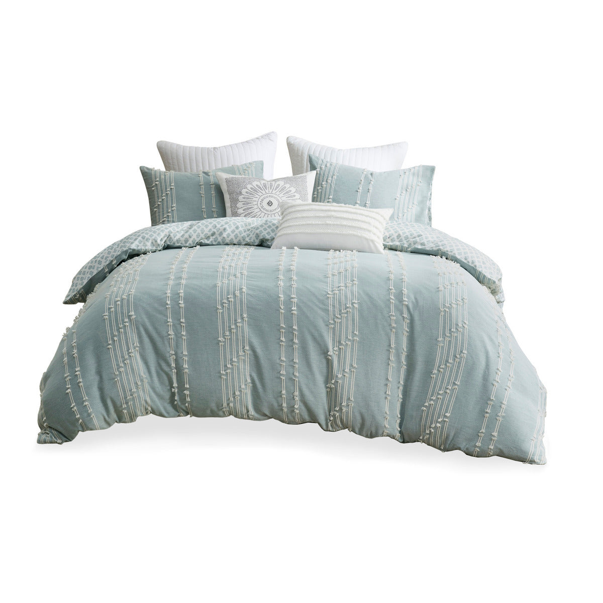 King/Cal King cotton jacquard duvet cover set aqua ivory with reversible design HouseOfZazla on Tampa Home & Garden Store