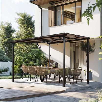 Wall mounted outdoor pergola gazebo with heavy-duty metal frame and brown roof panels on Tampa Home & Garden Store