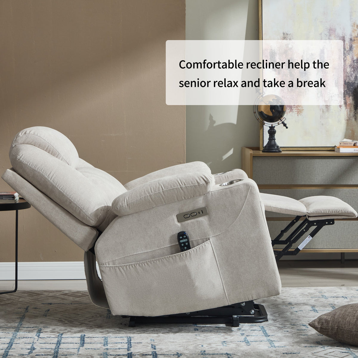 Premium power lift recliner chair with massage in beige fabric, remote on the armrest on Tampa Home & Garden Store