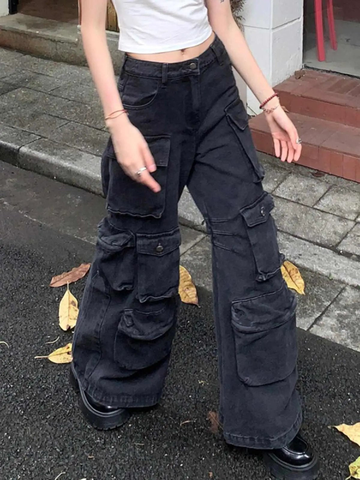 Retro Black Multi-pocket Cargo Pants, women's loose-fit with cargo pockets on Tampa Home & Garden Store