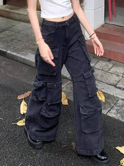 Retro Black Multi-pocket Cargo Pants, women's loose-fit with cargo pockets on Tampa Home & Garden Store