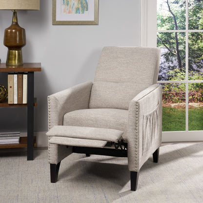 Kiersten Contemporary Fabric Pushback Recliner beige fabric with nailhead trim dark legs on Tampa Home & Garden Store