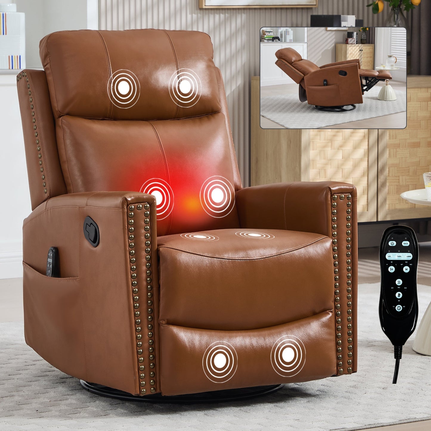 Deep Swivel Recliner and Massage Chair by HouseOfZazla, brown leather with nailhead trim on Tampa Home & Garden Store